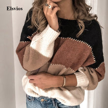 Load image into Gallery viewer, Elsvios Autumn Women Long Sleeve Sweater Winter Warm O Neck Pullover Tops Casual Patchwork Knitted Sweater Jumper Pull Femme 3XL