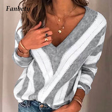Load image into Gallery viewer, Fanbety Striped Autumn Sweater Women Sexy V Neck Patchwork Knit Pullover Elegant Winter Casual Long Sleeve Pull Jumper plus size