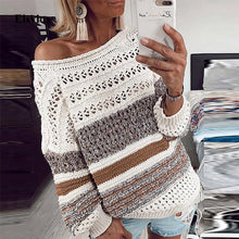Load image into Gallery viewer, Elsvios Women Hollow Out Knitted Sweater Sexy Off Shoulder Striped Patchwork Pullover Autumn Winter Long Sleeve Tops Pull Femme