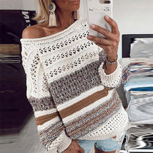 Load image into Gallery viewer, Elsvios Women Hollow Out Knitted Sweater Sexy Off Shoulder Striped Patchwork Pullover Autumn Winter Long Sleeve Tops Pull Femme