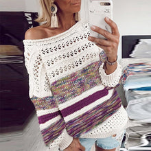 Load image into Gallery viewer, Elsvios Women Hollow Out Knitted Sweater Sexy Off Shoulder Striped Patchwork Pullover Autumn Winter Long Sleeve Tops Pull Femme