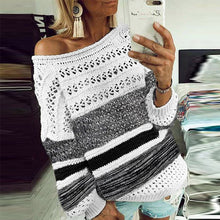 Load image into Gallery viewer, Elsvios Women Hollow Out Knitted Sweater Sexy Off Shoulder Striped Patchwork Pullover Autumn Winter Long Sleeve Tops Pull Femme