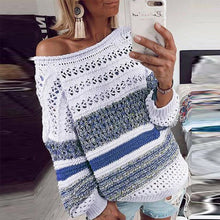 Load image into Gallery viewer, Elsvios Women Hollow Out Knitted Sweater Sexy Off Shoulder Striped Patchwork Pullover Autumn Winter Long Sleeve Tops Pull Femme