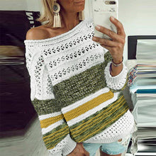 Load image into Gallery viewer, Elsvios Women Hollow Out Knitted Sweater Sexy Off Shoulder Striped Patchwork Pullover Autumn Winter Long Sleeve Tops Pull Femme
