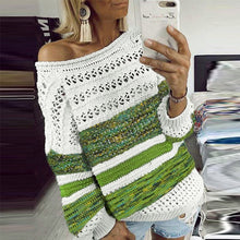 Load image into Gallery viewer, Elsvios Women Hollow Out Knitted Sweater Sexy Off Shoulder Striped Patchwork Pullover Autumn Winter Long Sleeve Tops Pull Femme