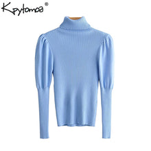 Load image into Gallery viewer, Vintage Stylish Turtleneck Knitted Sweater Women Tops 2019 Fashion Puff Sleeve Stretchy Ladies Pullovers  Casual Pull Femme