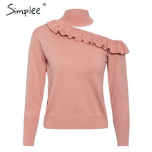 Load image into Gallery viewer, Sexy halter knitted sweater women jumper winter Hollow out ruffled lady sweater Long sleeve female jumper pull femme
