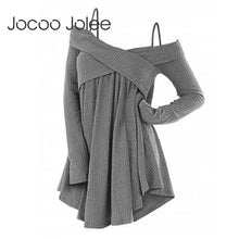 Load image into Gallery viewer, Jocoo Jolee Cold Shoulder Crisscross Tunic Sweater Casual Solid Spaghetti Strap Long Sleeve Pullover Jumpers Tops Pull Femme