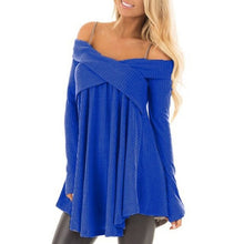 Load image into Gallery viewer, Jocoo Jolee Cold Shoulder Crisscross Tunic Sweater Casual Solid Spaghetti Strap Long Sleeve Pullover Jumpers Tops Pull Femme